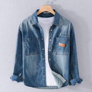 Mäns casual skjortor retro denim mäns långärmad bomull dubbel bröstficka jeans skjorta smala fit blå topps cowboy kläder