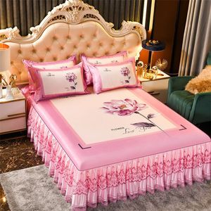 Säng kjol rosa romantik flickor rum säng kjol hem textil sängkläder 3 st/set1bed kjol 2st kudde lakan king/quee säng f0602 230424