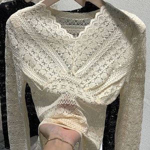 2023 New Fashionable and Popular Design Top with Lace Hollow Sandro Square Neck Bubble Sleeve Shirt for Women