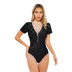 Stage Wear Womens Gymnastics Leotards Figure Skating Ballet Jumpsuit Short Sleeve Shiny Rhinestone Sheer Mesh Patchwork Bodysuit Dancewear