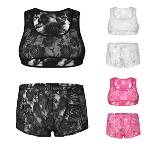 Men S SEXY Half Tank Boxer Set See Through Lace Underwear genomskinlig nät Sissy Crossdress Exotic underkläder