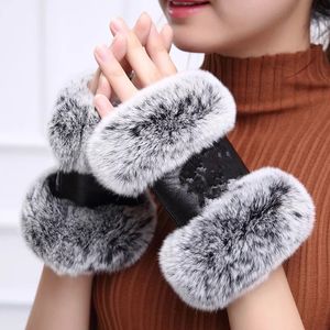 Outdoor autumn and winter women's sheepskin gloves otter rabbit fur mouth half cut computer typing foreign trade genuine leather clothing real rabbit fur mittens