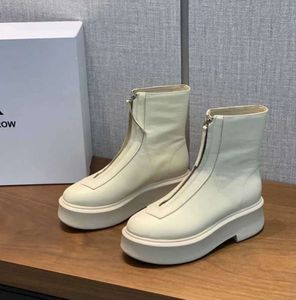 The row white smooth Leather Ankle Chelsea Boots platform zip slip-on round Toe block heels Flat Wedges booties chunky boot luxury designer footwear fashion