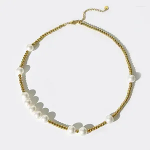 Choker ALLME Trendy Imitation Pearl Beads Strand Beaded Necklaces For Women 18K Gold PVD Plated Titanium Steel Non Tarnish