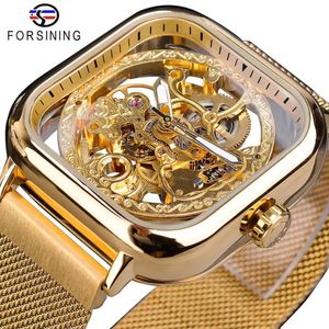 Andra klockor ForSining Golden Men Automatic Watch Square Skeleton Mesh Steel Band Mechanical Business Clock Relogio Masculino Erkek Kol Saati 231123