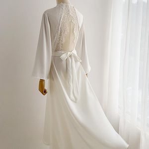 Women's Sleepwear Backless Sexy Kimono Robe Summer Long Sleeve Home Clothing Intimate Lingerie White Lace Bride Wedding Bathrobe Gown