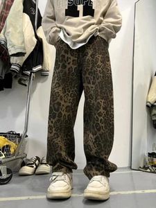 Mäns jeans 2023 Vintage Leopard Printing Wash Casual Pants Fashion Trendy Loose Straight High Quality Trousers S-3XL