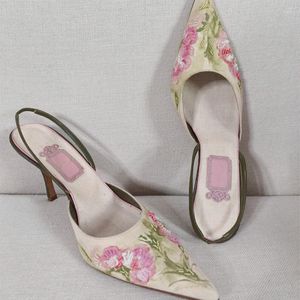 Сандалии средние каблуки неглубокие женщины заостренные цветы, лето, 2023, модные гладиаторные насосы туфли платья вечеринка zapatillas mujer