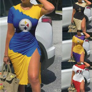 2023 Women Sport Dresses Football Series 32 Team Full Print Split Dress Sexy DrawString Style Clothes Plus Size S-3XL