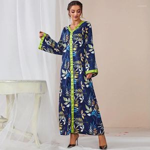 Abbigliamento etnico Abaya per donna scollo a V manica lunga bordo verde stampa foglia abito ampio Dubai turco casual caftano caftano moda femminile