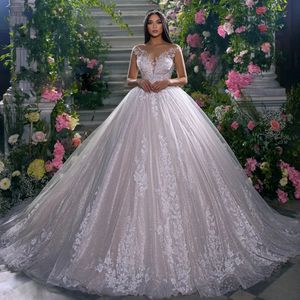 Prenses Balo Gown Sequins gelinlik 2024 şeffaf v yaka kapalı kollar vestido de novia dantel aplikler sırtsız gelinlikler özelleştirilmiş