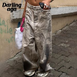 Kvinnors jeans darlingaga grunge retro slips färgämne baggy jeans kvinnlig låg midja orolig street stil breda benbyxor denim tvättade capris y2k 231124