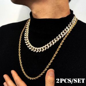 Kedjor 2st Iced Out Cuban Chain Chain rostfritt stål rep set halsbandpar med plysch tygväska för mäns hiphop smycken gåva