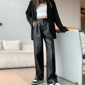 Calça de couro feminina calça de perna larga as calças de moda y2k coreano elástico