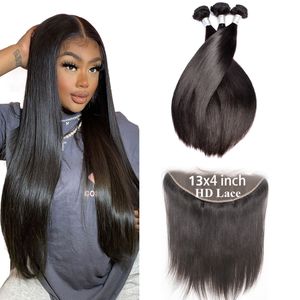 Brazilian Silky Straight Human Hair Bundles With 13x4/6 HD Transparent Pre Plucked Lace Frontal Natural hairline 1B Black Raw Hair Weave Sale Online