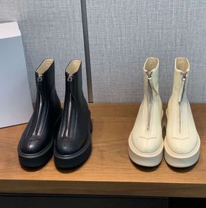Row Biały gładki skórzany kostki buty Chelsea platforma zip naciska na okrągłe buty obcasy płaskie botki botki luksusowe but luksusowy projektant z pudełkiem