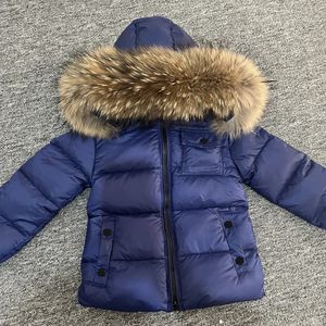 Down Coat Kids Winter Down Jacket Shiny Real Raccoon päls krage småbarn pojkar huva kappa baby flickor varma snöar barn parkor 231123