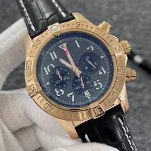 Luxus Herrenuhr Schwarzes Zifferblatt Japan Super Quarz Chronograph 45mm Avenger Hurricane SEA Lederarmband 1884 Gelbgold Stahlgehäuse Uhren Hardlex Glas Armbanduhren