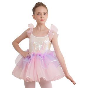 Mädchenkleider Kinder Mädchen Ballett Tanz Tutu Kleid Gymnastik Trikot Tanzkleidung Rüschenärmel Pailletten Ballerina Lyrical Performance Kostüm 231124