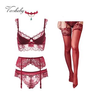 Conjuntos de sutiãs Varsbaby sexy lace push up bra sets brapantiesgarterstockingsnecklace Christmas 5 Pcslots 231124