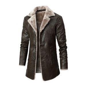 Men's Wool Blends Winter Fleece Plush PU Fashion Business Casual Middle And Long Suit Collar Men's Windbreaker Leather Jacket Coats 231123