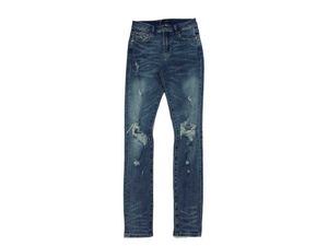 Designerkleidung Jeanshose Amiiri Blue Wash Double Knee Big Damage Motorrad High Street Denim Hose Distressed Ripped Skinny Motorrad Biker