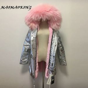 Mulheres para baixo parkas mulheres casaco de inverno longo grosso pele prata cor real gola de guaxinim capuz jaqueta gota 231123