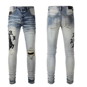 Odzież designerska Spodnie dżinsowe Amiiri 2023 Nowy trend w modzie Slim Fit Małe stopy Elastyczne perforowane jeansy Męskie Amiiri Fashion Brand Distressed Ripped Skinny