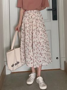 Kjolar vintage blommigt tryck aline veckade långa sommar kvinnor koreanska streetwear dragstring elastisk midja midi 230424