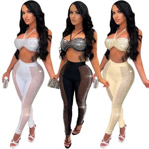 2023 Women Fashion Night Club Two Piece Pants Spring Summer Rhinestone Sheer 2 Piece Set Sleeveless Tops Pants Solid Color Clothing