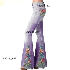 DESIGNERS Spring New Fashion Jeans Gradient Flower Print Imitation Denim Bell Bottoms High Waist Long Pants Plus Size Women Trousers 409 dfashion98