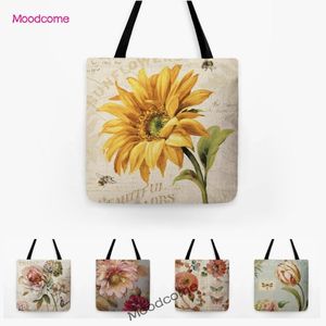 Storage Bags Vintage Sunflower Peony Hydrangea Spring Flower Oil Painting Art Fashion Shoulder Bag Large Size Waterproof Floral Shopping