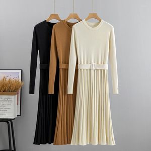 Casual Dresses Chic Long Knit Women Maxi Sweater Dress O Neck Winter Thick Warm A Line With Belt Woman Pleated Midi