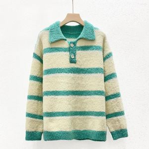 Kadın Sweaters Kadınlar Striped Yumuşak Gevşek Gevşek Vintage Sweater Örme Jumper 2023 Sonbahar Kış Kazak Yeşil Kolej Polo Stil Tops