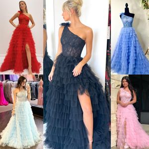 Asymmetrical Neck Prom Dress 2k23 One Shoulder High Slit A-Line Ruffle Tulle Lady Pageant Formal Evening Event Party Runway Black-Tie Gala Red Carpet Gown Periwinkle