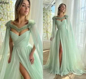 Dubai Saudi Arabia Sage Chiffon A Line Evening Dresses Gorgeous Beading Cape Long Wrap Prom Party Gowns Pleated Sexig Side Split Second Reception Formell klänning CL2972