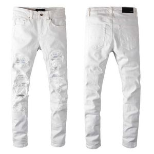 Дизайнерская одежда Джинсовые брюки Amiiri 2023 Новая тенденция моды Slim Fit Маленькие ножки Эластичные бриллианты Белые джинсы Мужские Amiiri Модный бренд Проблемные рваные узкие