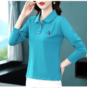 T-Shirt Damen 2023 Langarm Poloshirt mit großem Revers Frühling und Herbst T-Shirt mit besticktem Boden