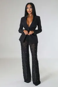 Women's Two Piece Pants LEDP 2023 Luxury Designer Black Suit Set Sexy Full Sleeve Open Stitch Long Lace Wide Leg Slim Women 2