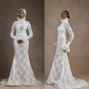 Muslim Mermaid Wedding Dresses Lace High Neck Long Sleeve Bridal Gowns Vestido Novia Appliques Bride Dress