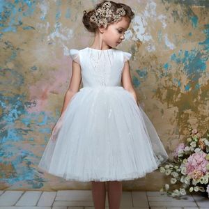 Abiti da ragazza Semplici A-Line Flower Girls Squisiti paillettes gonfi di tulle Abiti da spettacolo O-Collo Increspato al ginocchio Abito da prima comunione