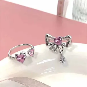 Cluster Rings Pink Heart Bow Women's Ring Resizable Y2K Jewelry Cute Thing For Girl Vintage Aesthetic Dating Teens Wedding Engagement Gift