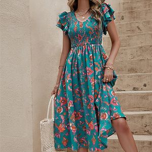 Casual Dresses Summer Floral Print Midi Dress Women Fashion Slim Ruffle Sleeve Beach Dress Casual Elegant Green A-Line in Dresses 230424