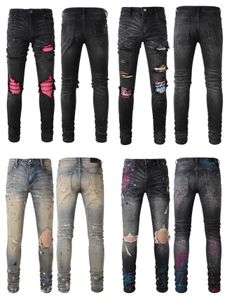 デザイナー衣類 デニム パンツ Amiri ピンク色のカシュー フラワー パッチ穴付きスプラッシュ インク色のジーンズ ダメージ加工の破れたスキニー バイク バイカー パンツ販売のため