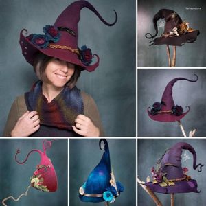 Breda brim hattar mode blommor halloween fest filt witch hatt multicolor big dlet up cosplay presenter