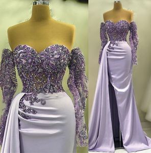 2023 أبريل ASO EBI Lilac Mermaid Prom Dress Crystals Lace Satin Asevial ​​Party Second Sectree Disparty Condragement Dression Robe de Soiree ZJ622