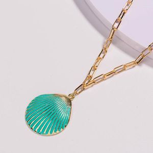 Choker Wholesale Stylish Beach Jewelry Green Paint Metal Scallop Pendant Freshwater Pearl Shell Multi-Layer Necklace