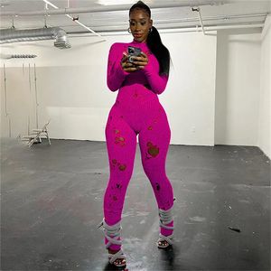 Kobiety Jumpsuits Romper Holes dzianinowy trend seksowny bandaż tył golf długie rękaw Slim Fit Elastic Y2K Streetwear Biongs 231123