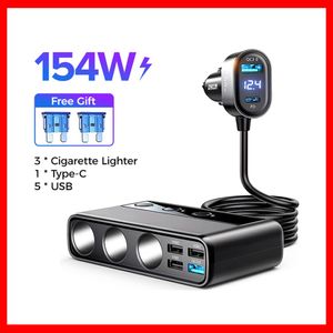 154W 9 in 1 Car Charger Adapter PD 3 Socket Cigarette Lighter Splitter Charge Independent Switches DC Cigarette Outlet Car-Charge Car-Charger Car Charging Quick