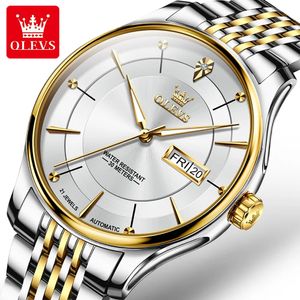 Andra klockor Olevs Automatic Watch for Men Week Date Dature Waterproof Stainless Steel Luxury Business Wristwatch Man äkta original 231123